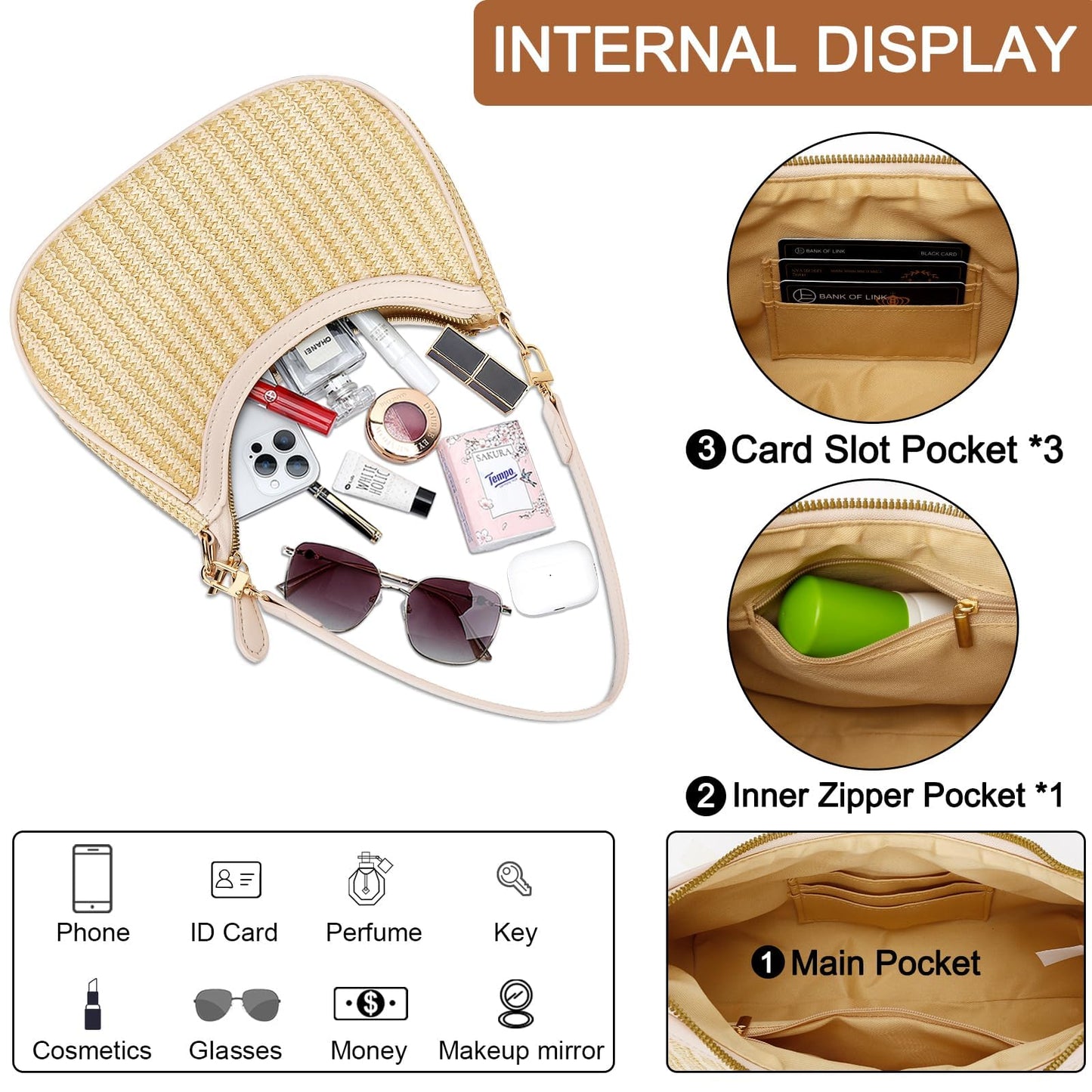 KKXIU Summer Straw Beach Woven Shoulder Bag Vacation Clutch Purses for Women Hobo Tote Handbags (Beige1)