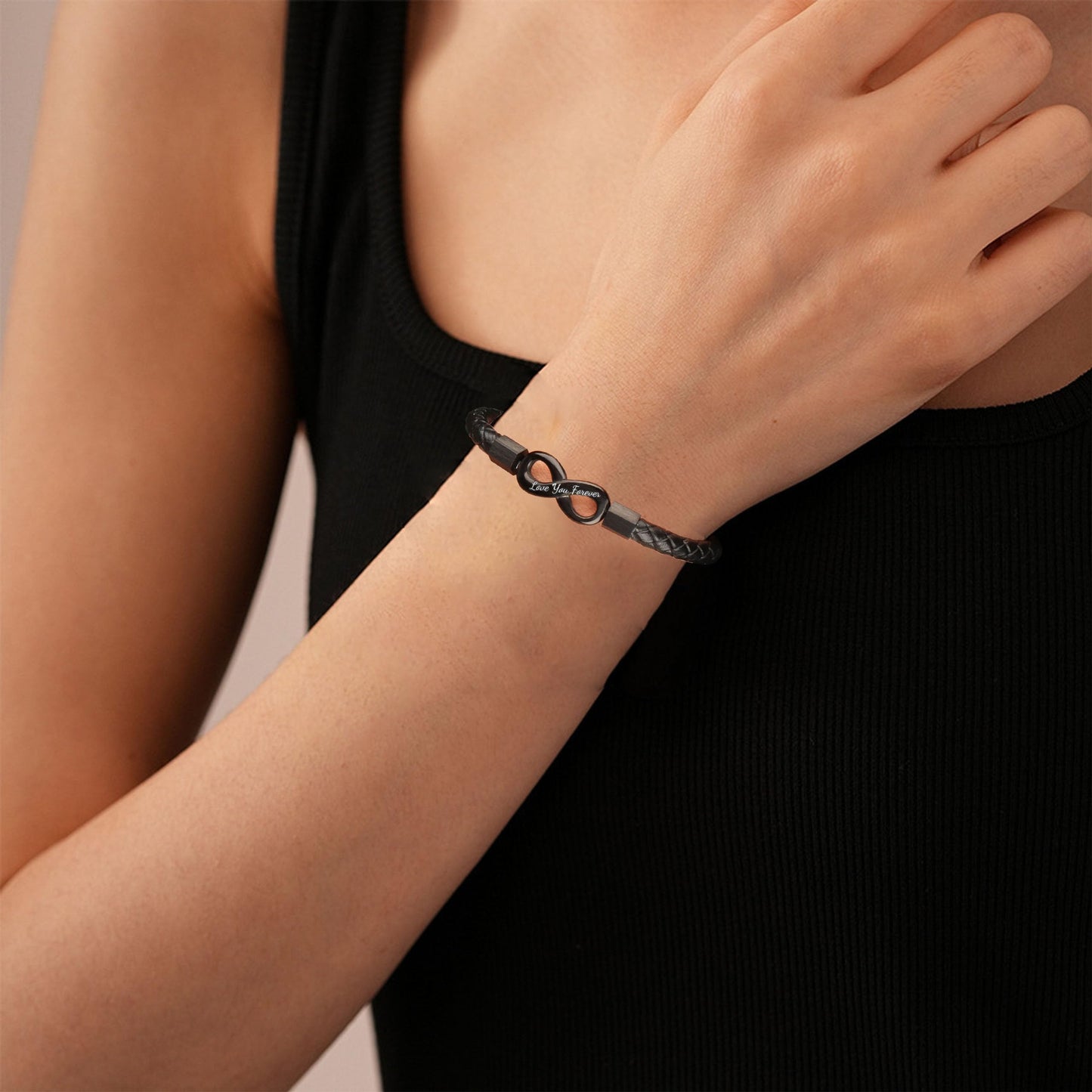 To My Wife, Feel My Love Infinity Leather Bracelet Love You Forever and Always Stainless Steel Bracelets Wife Bracelet from Husband Valentine Birthday Christmas Mother's Day Jewelry for Her(Infinite Black)