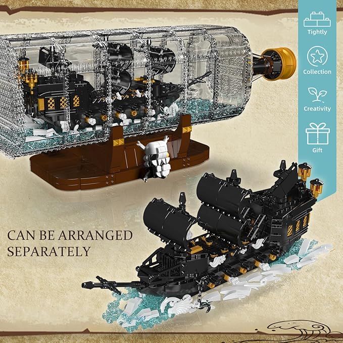 Mould King 10065 Drift Bottle with Black Pearl Ship Building Blocks Set Pirate Ship in Bottle Model Building Kit with Display Stand Toy for Age 14+/Adults(2206 Pieces)-Black Pearl Ship