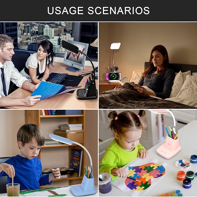 Desk Lamps for Home Office, LED Desk Lamp with Wireless Charger Pencil Holder, 3 Color Modes Dimming Desk Light for College Dorm Room, Girls Study Lamp with CRI 90+ 800 Lumen - Pink