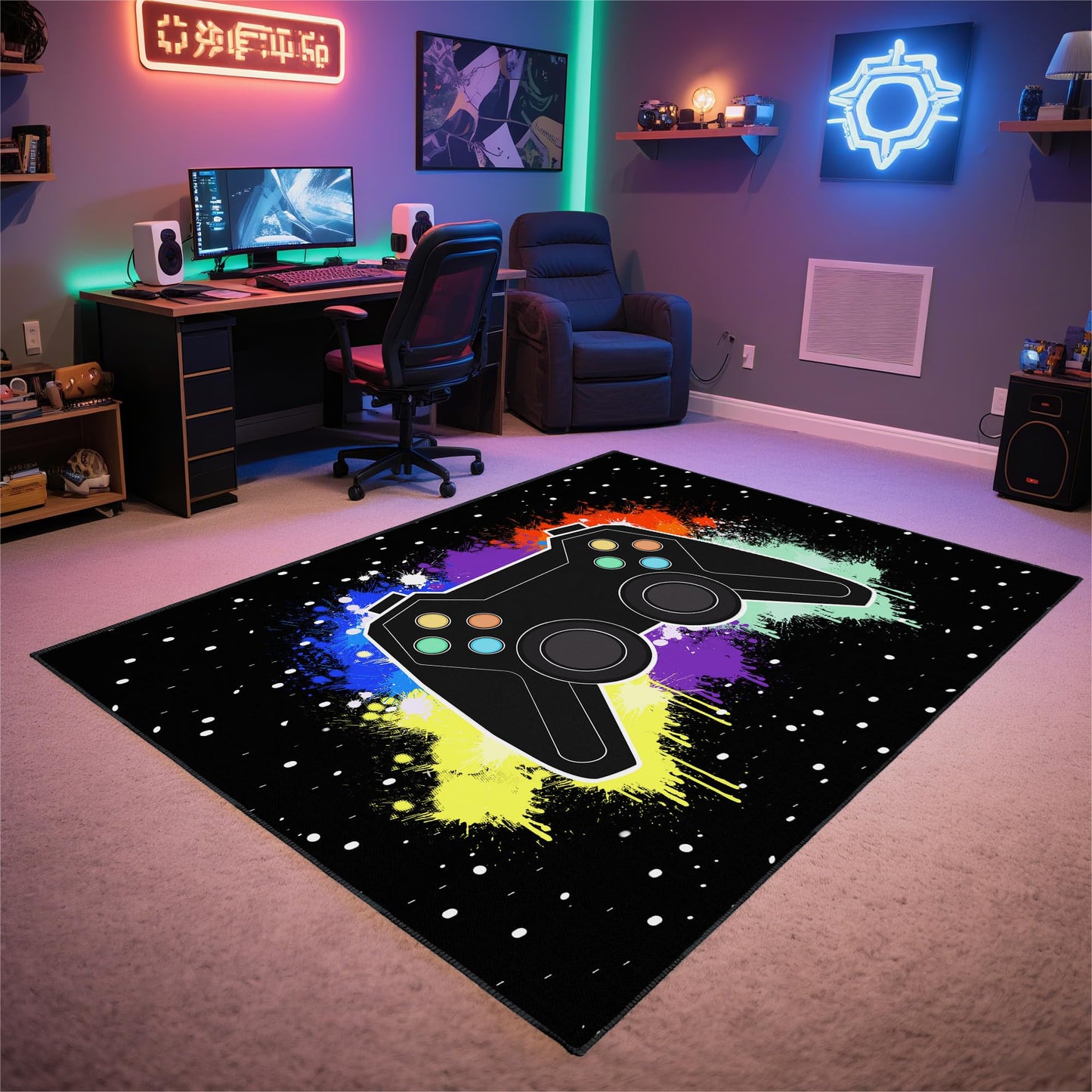 Vesocro Gamer Rug for Room,5x7 ft Non-Slip Cool Gaming Carpet for Bedroom Livingroom and Game Room Rugs Decor