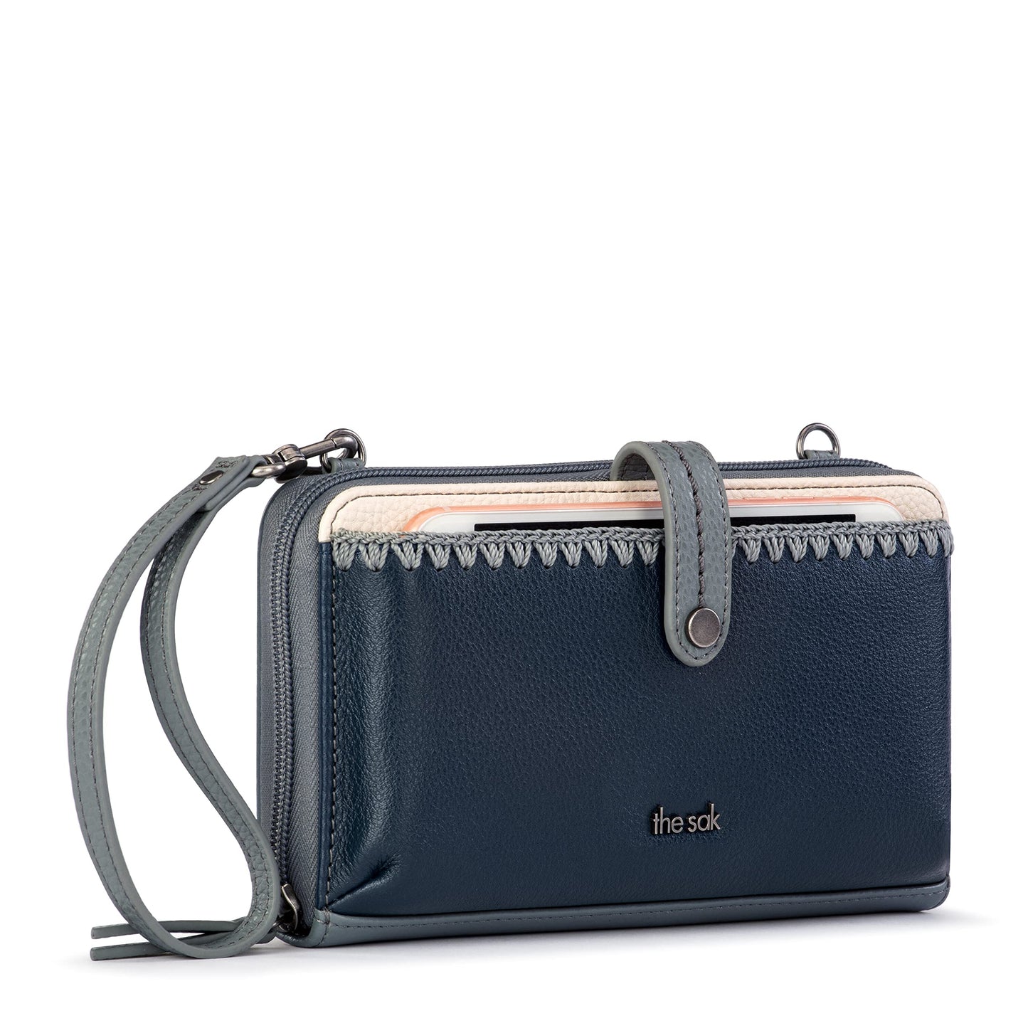 The Sak Iris Smartphone Crossbody Purse - Women's Cellphone Bag & Wallet For Everyday - Convertible Wristlet With Zipper in Dusty Blue Block/Leather