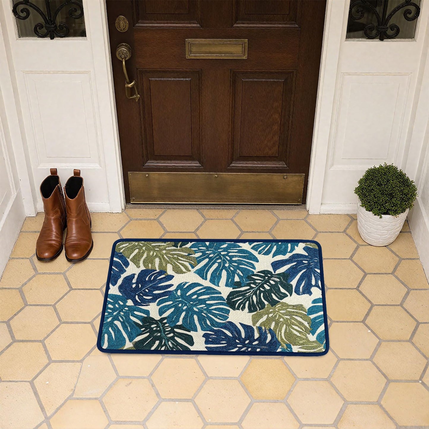 Worltoldb Palm Tree Leaves Door Mat Indoor Outdoor Entrance Floor Mats Non-Slip Washable Decor Rugs 27x15 Inch
