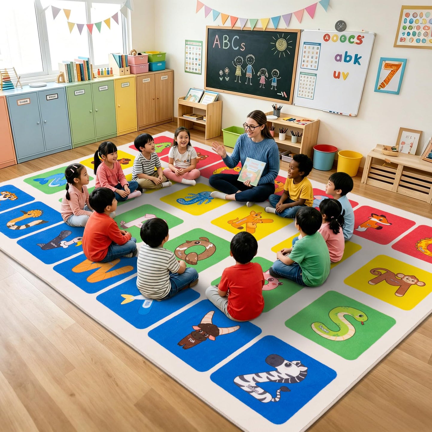 WISH TREE Animal Shaped ABC Classroom Rug, 6' x 9' Soft Non-Slip Low Pile Alphabet Learning Rug with Rubber Backing, Kids Educational Rug for Preschool Kindergarten Playroom