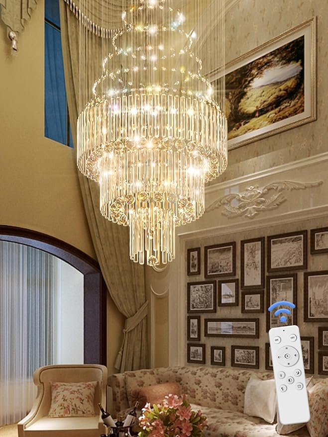 Flashing God D24''XH86'' Large Crystal Chandelier Silver Modern Raindrop Ceiling Light, High Ceiling Chandelier Suitable for Entrance Villas and Foyer