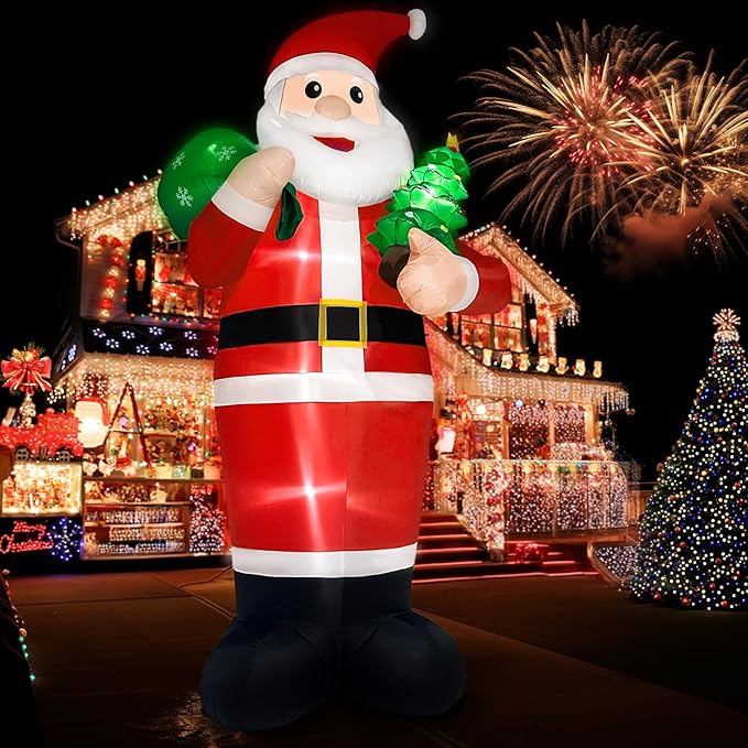 OurWarm 14FT Christmas Inflatable Outdoor Decoration, Giant Inflatable Santa Claus Holding Gift Bag, Blow Up Christmas Decorations Outdoor with Built-in LED Lights for Yard Garden Lawn Xmas Decor