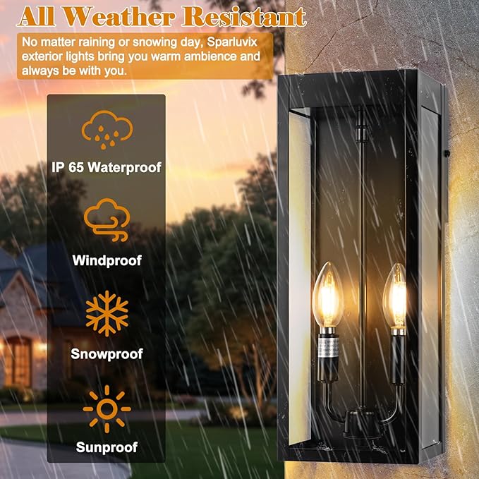 Outdoor Wall Lights 16 Inch Large, 2 Pack Black Modern Exterior Lighting Fixtures Wall Mounted with 2-Candle Light, Waterproof Outside Wall Sconces Coach Lamps Porch Lanterns for House E12