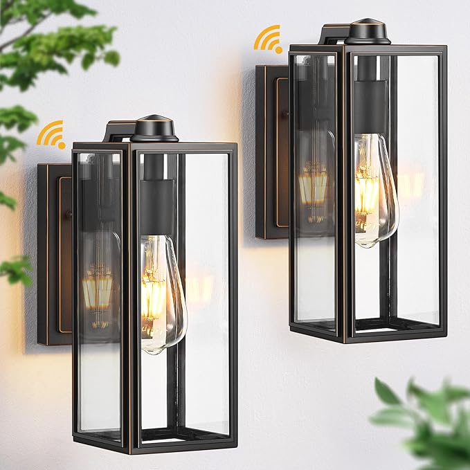 VIANIS Dusk to Dawn Outdoor Wall Lighting, Exterior Waterproof Wall Sconce Light Fixtures, Black Outside Porch Lights with Toughened Glass Shade, Anti-Rust Wall Mount Lantern for Garage 2Pcs