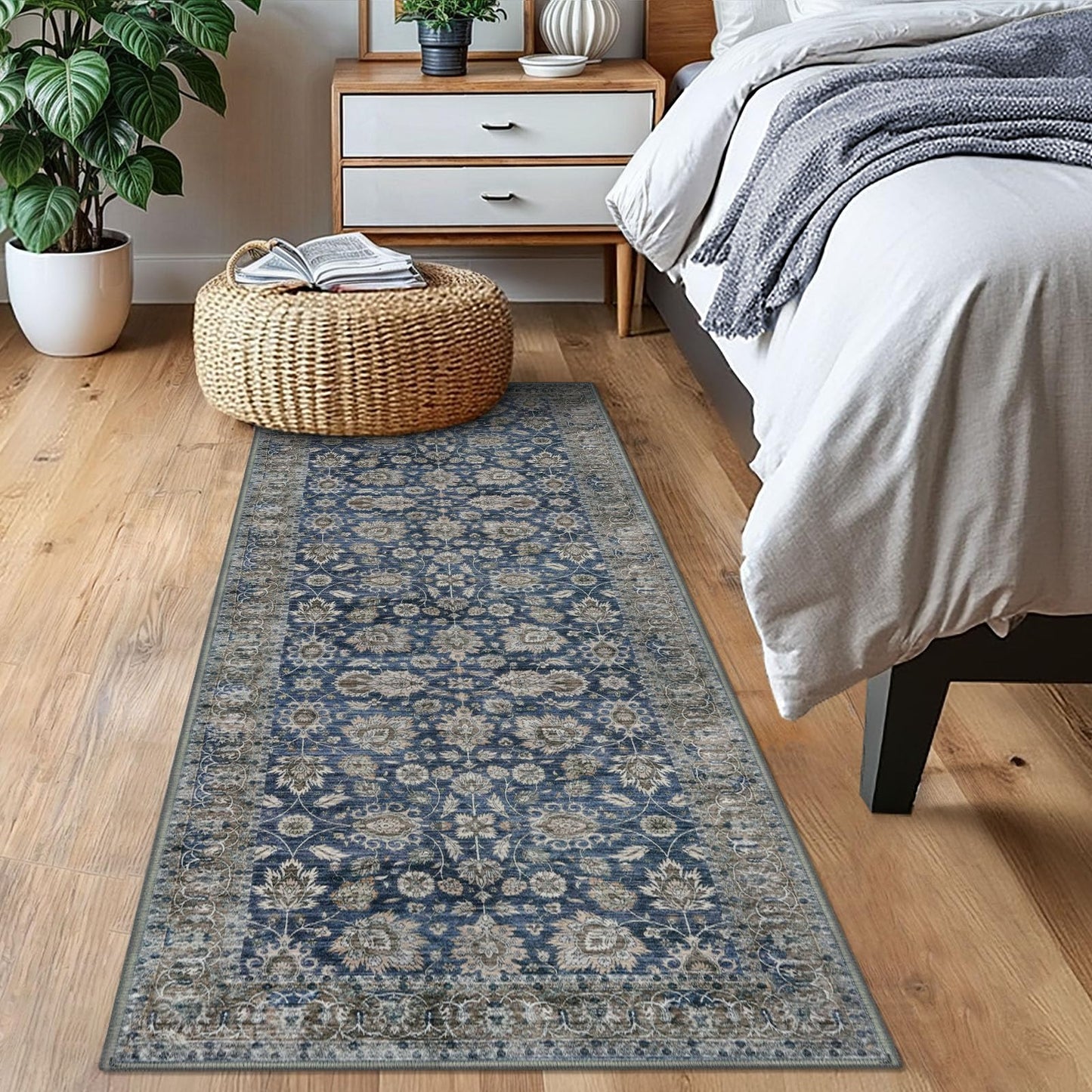 KOZYFLY Runners for Hallways 2x6 Blue Washable Runner Rug Non-Slip Soft Kitchen Runner Rugs, Printed Floral Traditional Carpet Runner for Entryway Bathroom Laundry Bedroom Foyer