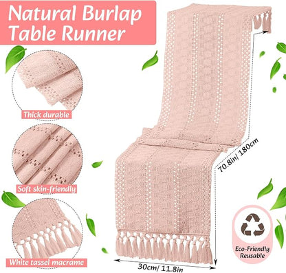 6 Sets Boho Decoration Placemats Round Woven Placemats, Cloth Napkins, Wood Bead Napkin Rings, Long Table Runner and Farmhouse Burlap Cotton for Table Kitchen (Pink,12x72)