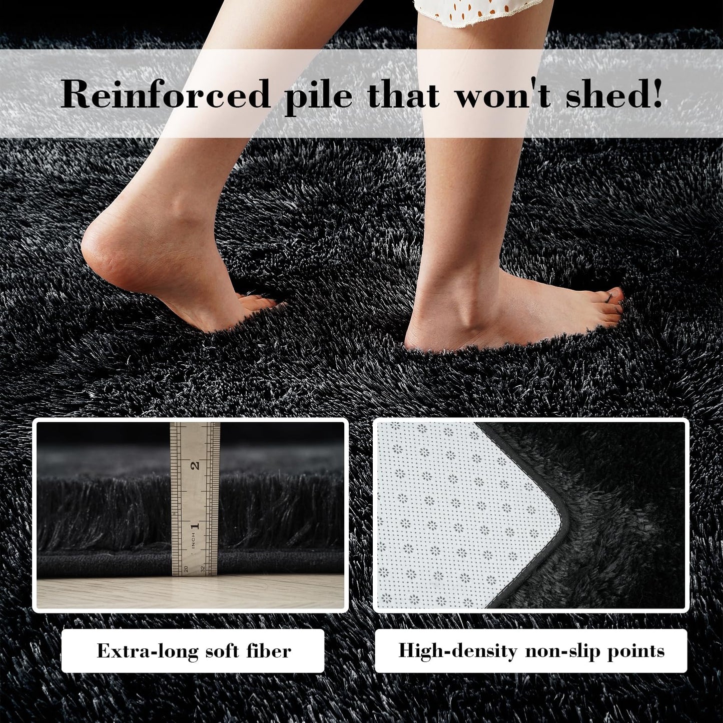 Soft Runner Rugs for Bedroom, Black 2x6 Area Rugs Fluffy Rug Shag Area Rug Carpet, Bedside Rug for Living Room Bedroom Room Home Decor