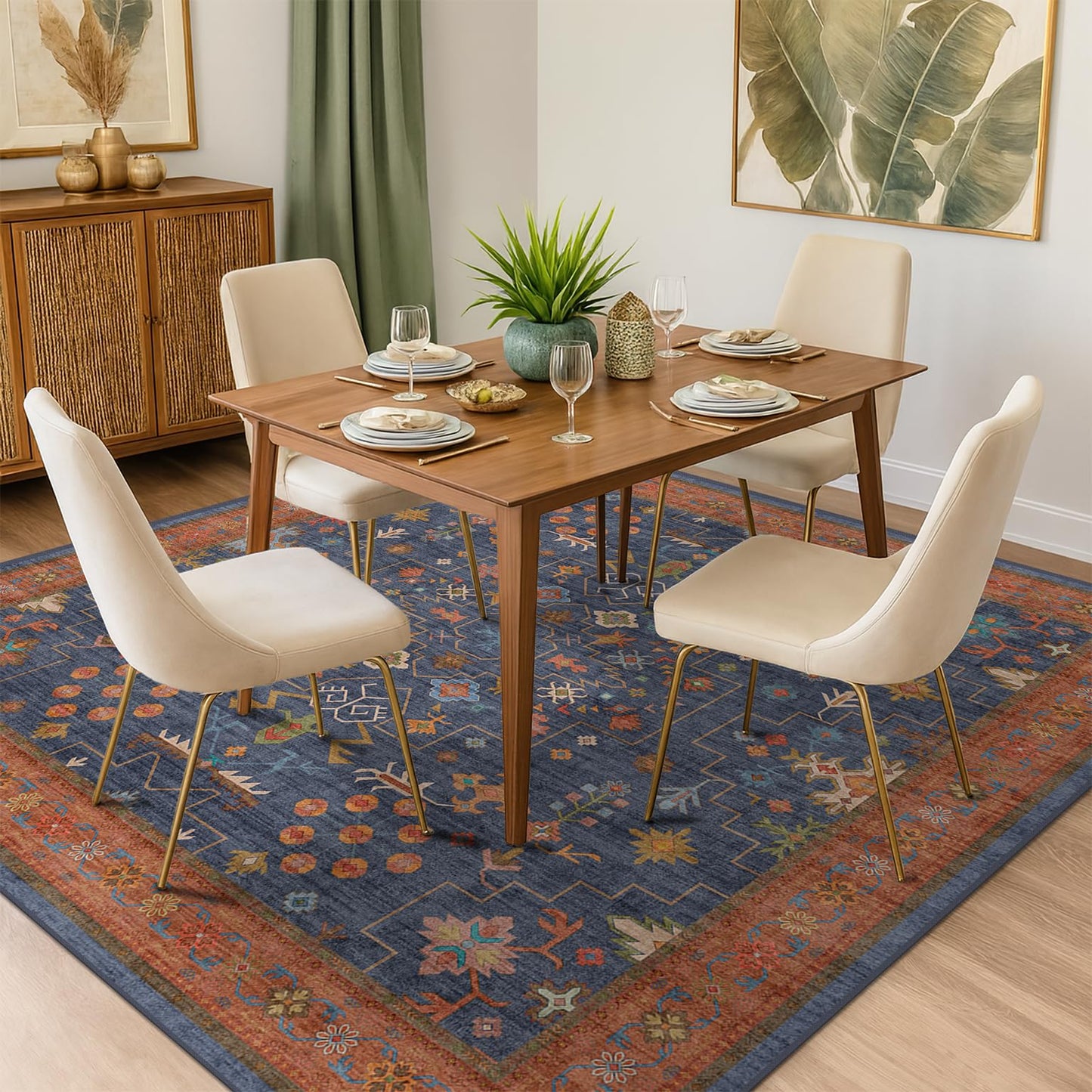 Washable Boho Square 8x8 Living Room Rug - Navy Blue Carpet for Bedroom, Dining Room Rugs for Under Table - Low Pile Non-Slip Rubber Backing Stain Resistant (8x8 Navy Blue)