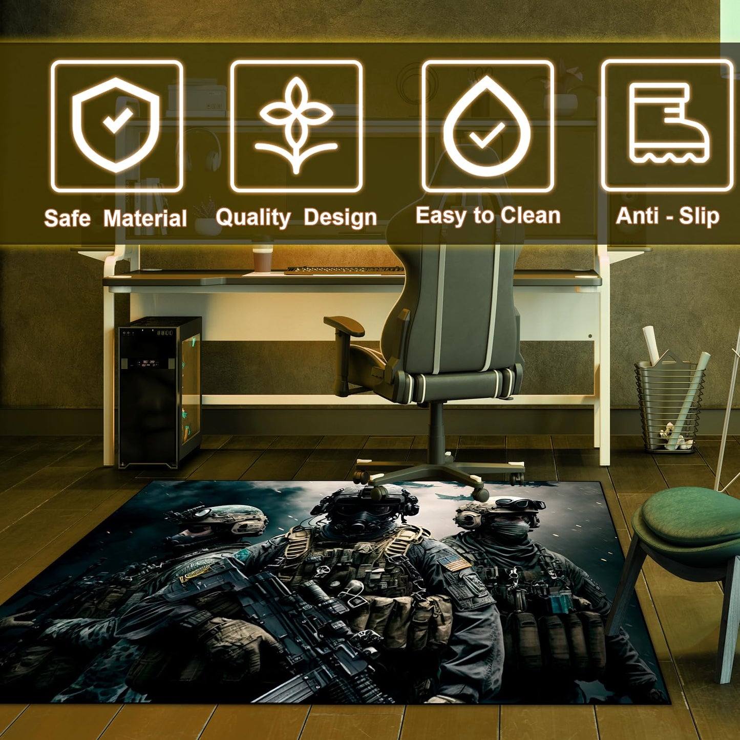 Shooting Game Rug Teen Boys Carpet with Battle Games Element Decoration Mat, War Game Rugs for Boy’s Bedroom Living Room Playroom, Non-Slip Children Gaming Area Rugs (Threesome, 79" x 59")