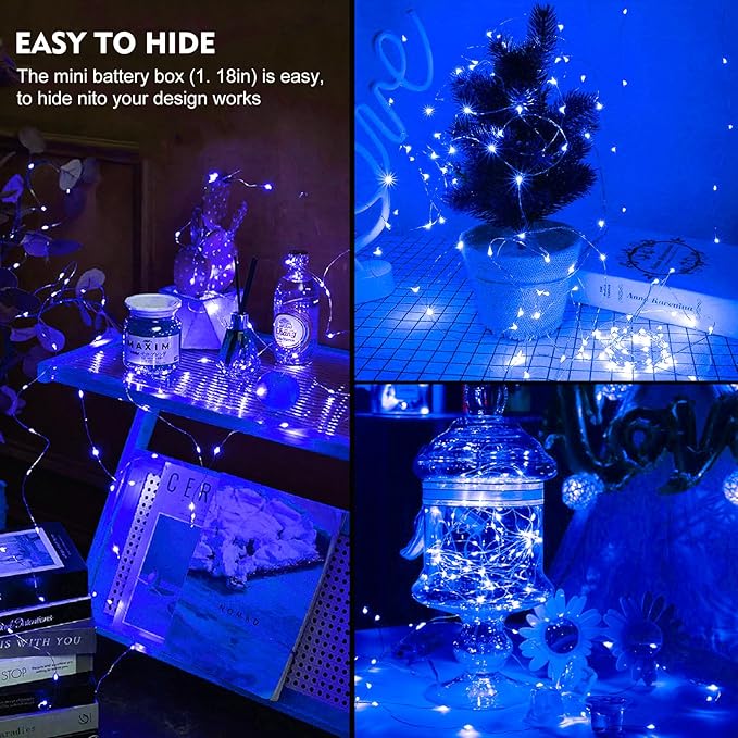 pozzolanas 24 Pack Blue Fairy Lights Battery Operated 3 Modes 7FT 20 LED Waterproof String Lights Twinkle Silver Wire for Mason Jars Wedding Christmas Halloween Party Decor (24, Blue)