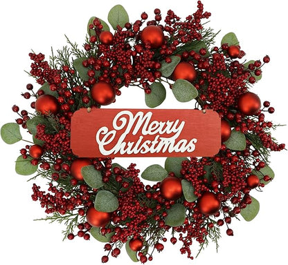 YNYLCHMX 20 Inch Christmas Wreath for Front Door, Winter Wreath with Welcome Sign Pine Needle Red Berry Ornaments, Artificial Door Xmas Wreaths for Window Fireplace Farmhouse Holiday Party Decoration