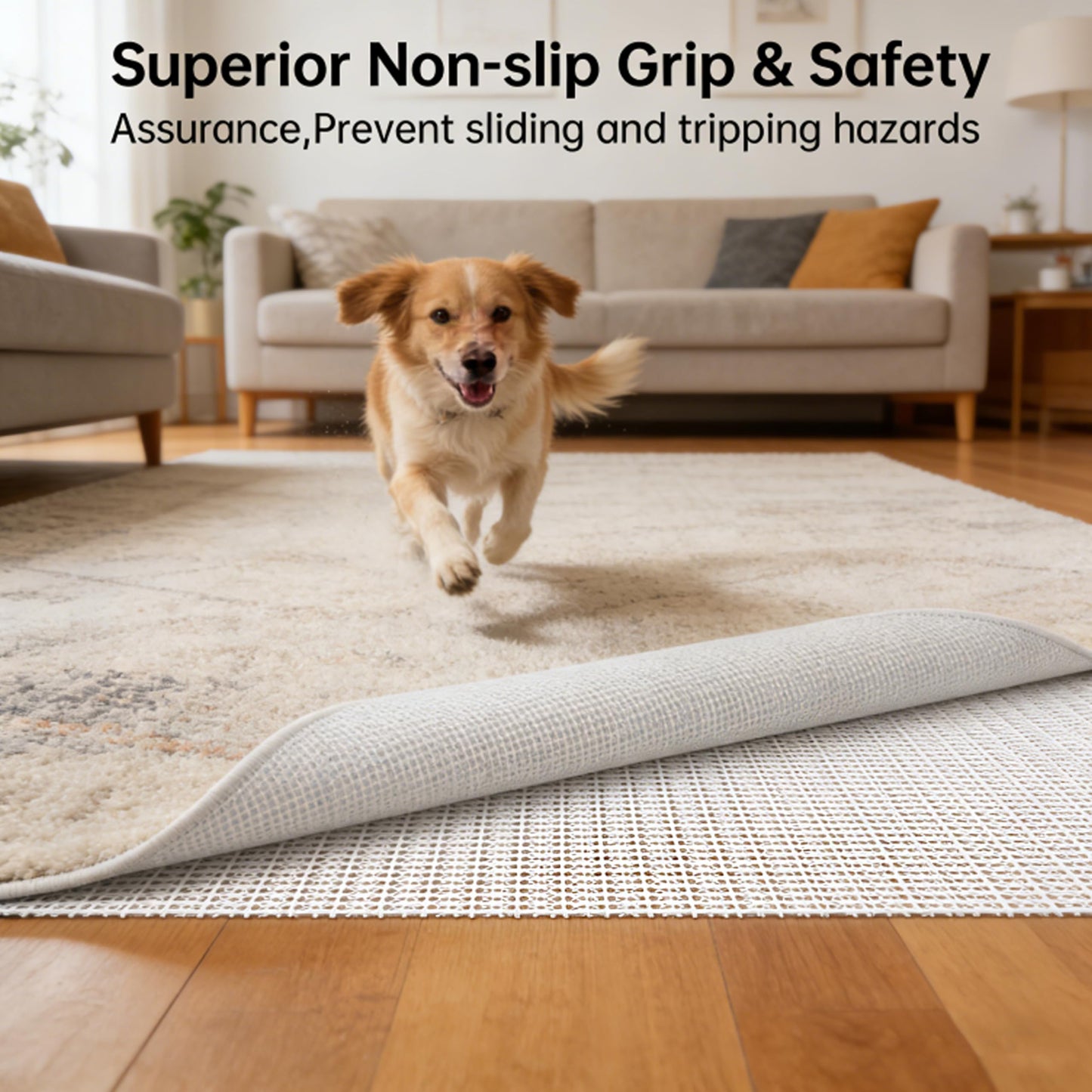 Rug Pad 78.7x59 inches White Non-Slip Gripper Pad for Hardwood Floors & Tile, Area Rug Underlay Protects Floor & Prevents Skidding, Can Be Cut to Any Size