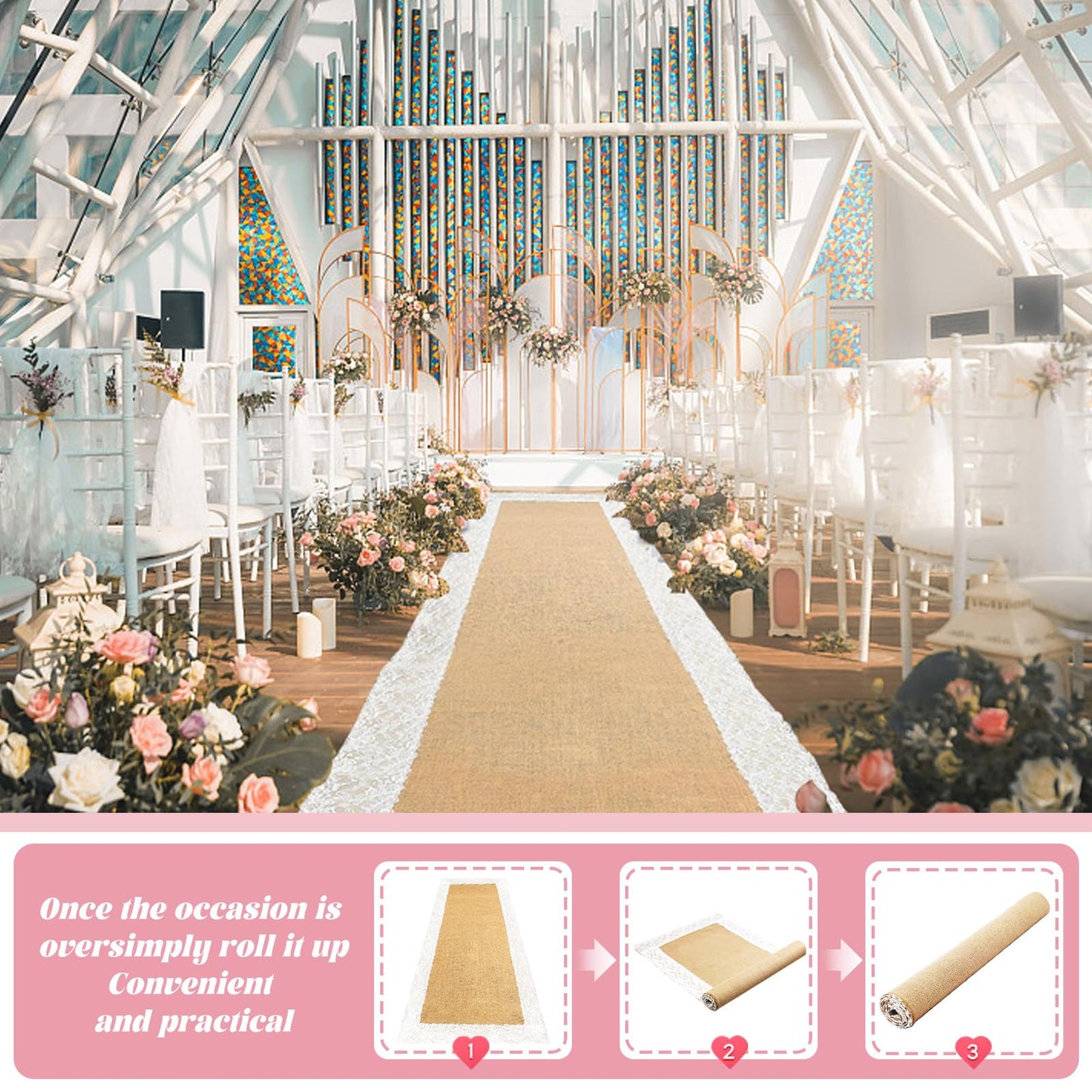 FUYITE Burlap Aisle Runner for Wedding Ceremony, 3ft x 30ft Natural Burlap Wedding Aisle Runner with Lace, Jute Vintage Seamless Rustic Charm Wedding Runner Aisle Outdoor, Jute