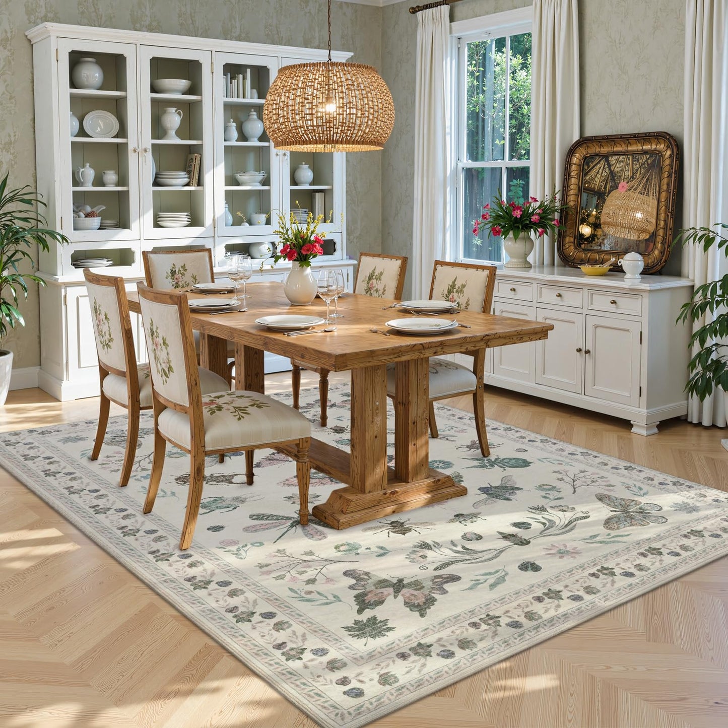 Dadasgk Insect Print Washable Area Rugs 5x7, Soft Rugs for Living Room, Ultra-Thin Non Slip Modern Bedroom Rug, Throw Rug Large Boho Carpet for Dining Room Kids Nursery Office, Beige