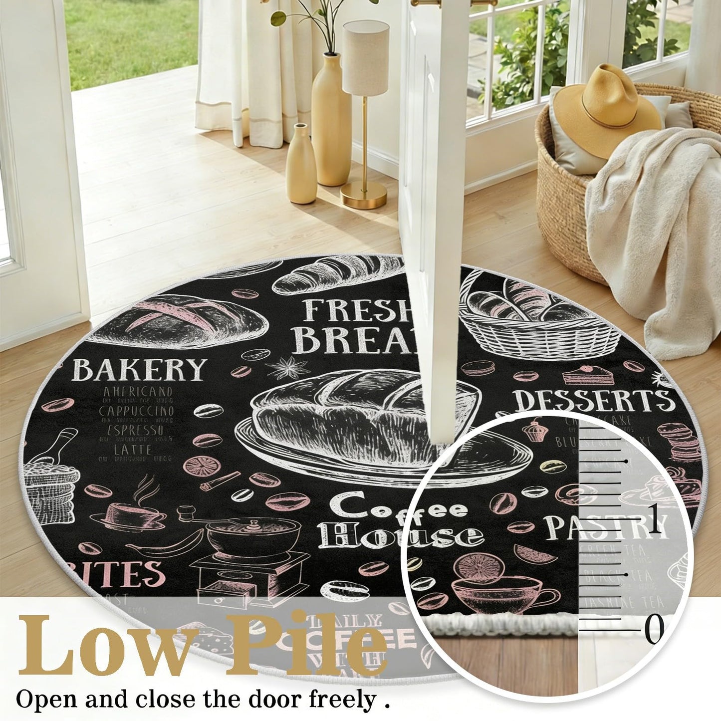 Egljss 5ft Round Rug Non Slip, Coffee Bean Bread Round Carpet for Living Room, Black and White Circle Area Rugs for Bedroom, Coffee Cup Circle Rug Washable for Dining Table Kitchen