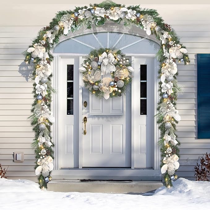 Lighted Christmas Wreath for Front Door with 20 LED Lights,22inch prelit Christmas Wreath with Big Flower and Ball Ornament,Winter Porch Decor,Indoor Outdoor Christmas Silver White Decorations