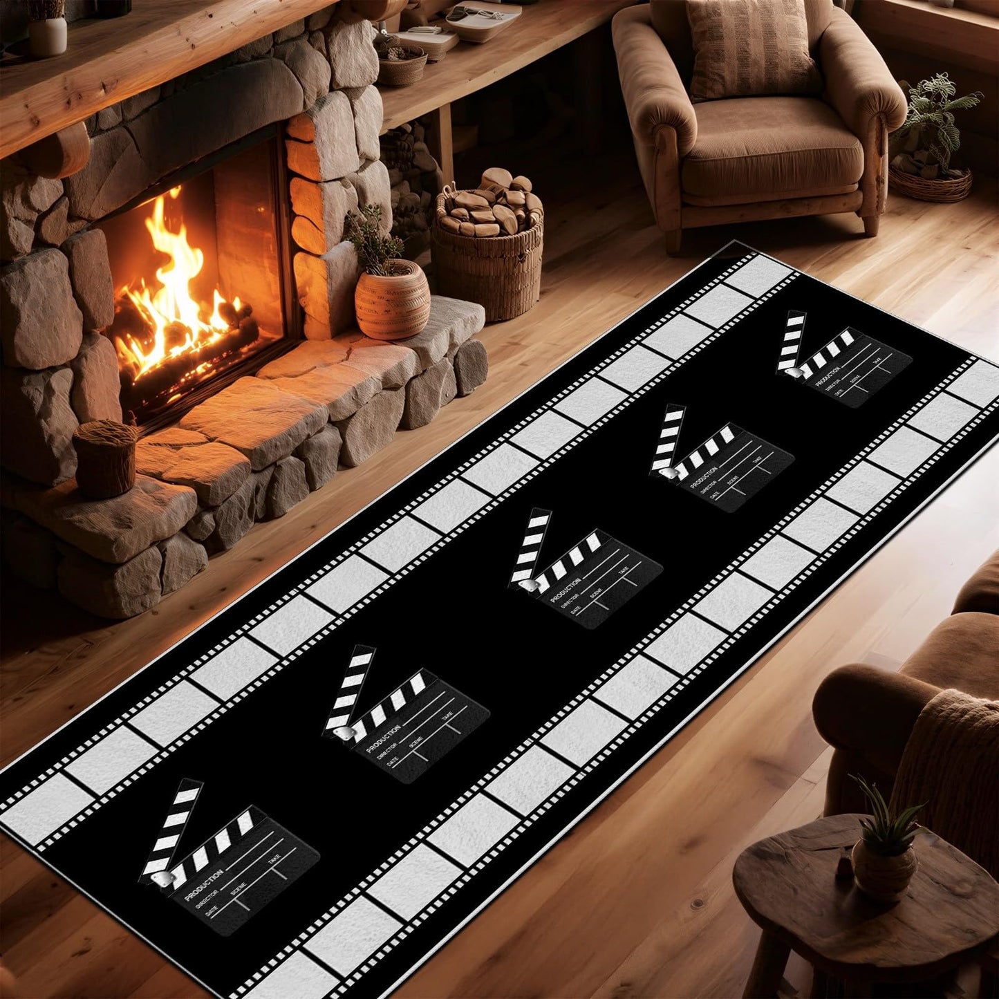 Black and White Movie Time Runner Rug, 3x8ft, Home Cinema Theatre Rug, Clapboard Ticket Print Design Rugs, Vintage Non Slip Soft Low Pile Washable Carpet for Bedroom Hallway