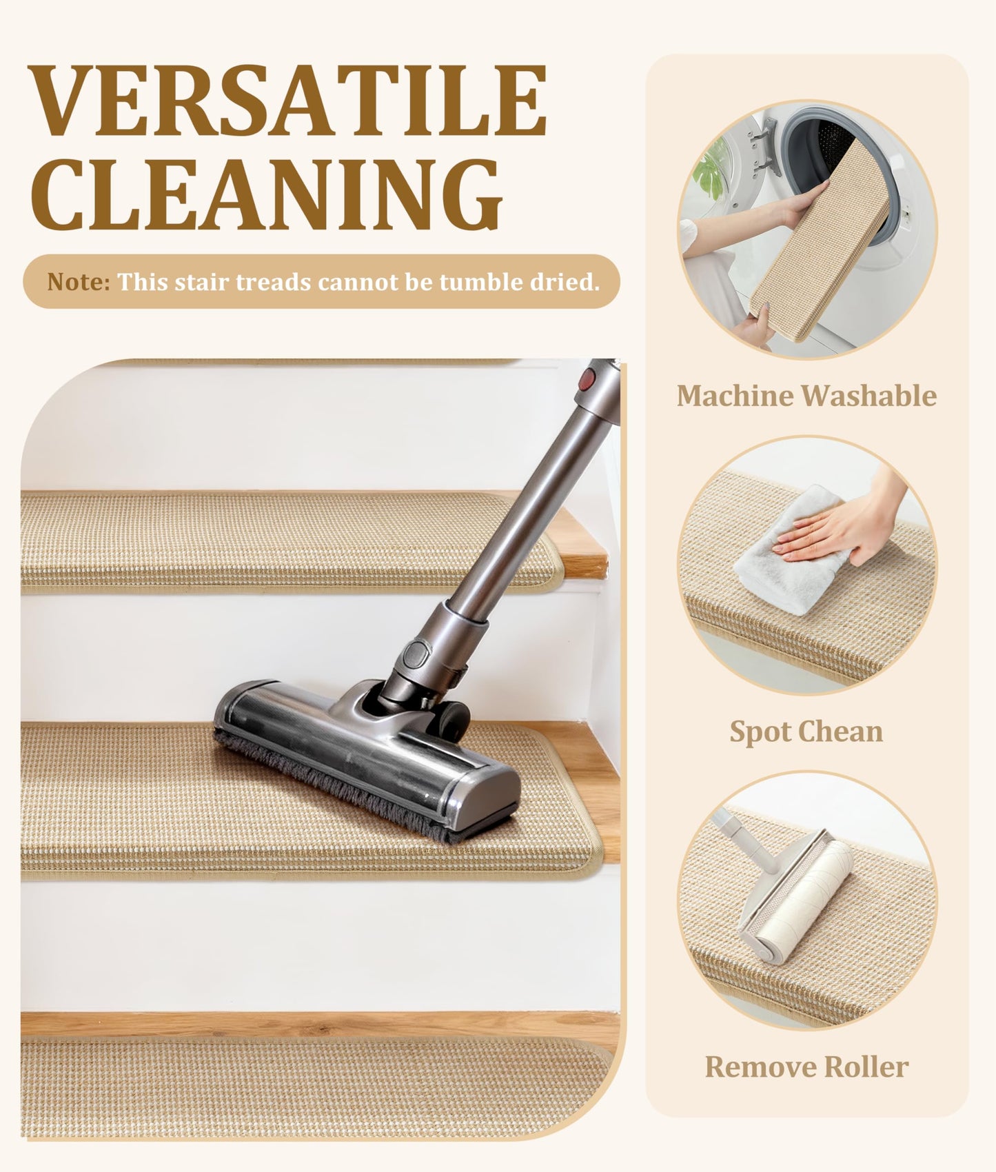 Bullnose Stair Treads for Wooden Steps: 14 Pack Bullnose Stair Carpet Treads Washable Non Slip Peel and Stick Carpet Runner for Wood Stairs 29.5"x9.5"x1.5" Beige and Natural