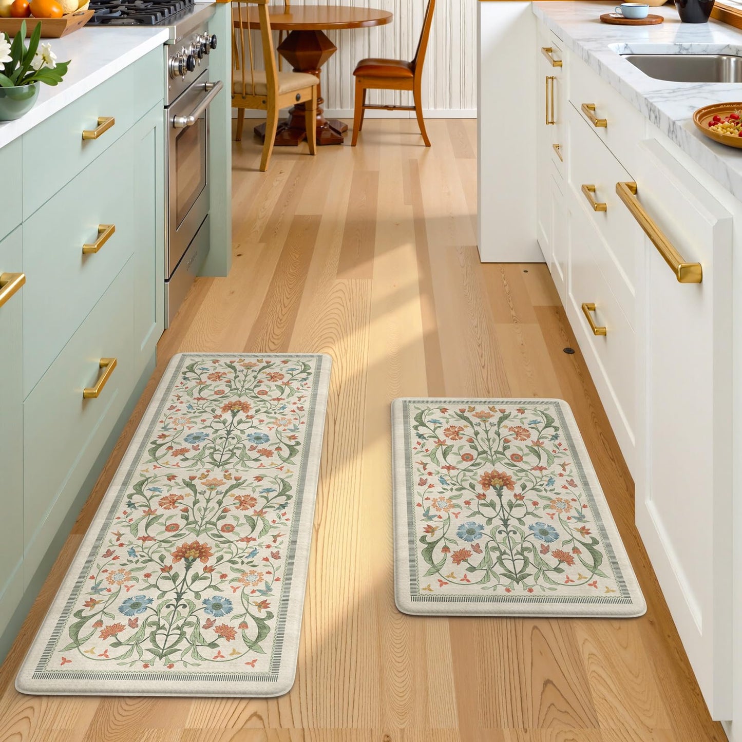 Collive Kitchen Mats for Floor, Cushioned Anti Fatigue Mat Floral Rugs 2 Piece Non Skid Waterproof Sink Rug, Memory Foam Comfort Standing Mat for Office, Laundry, Desk, 17.3"x29"+17.3"x47", Beige