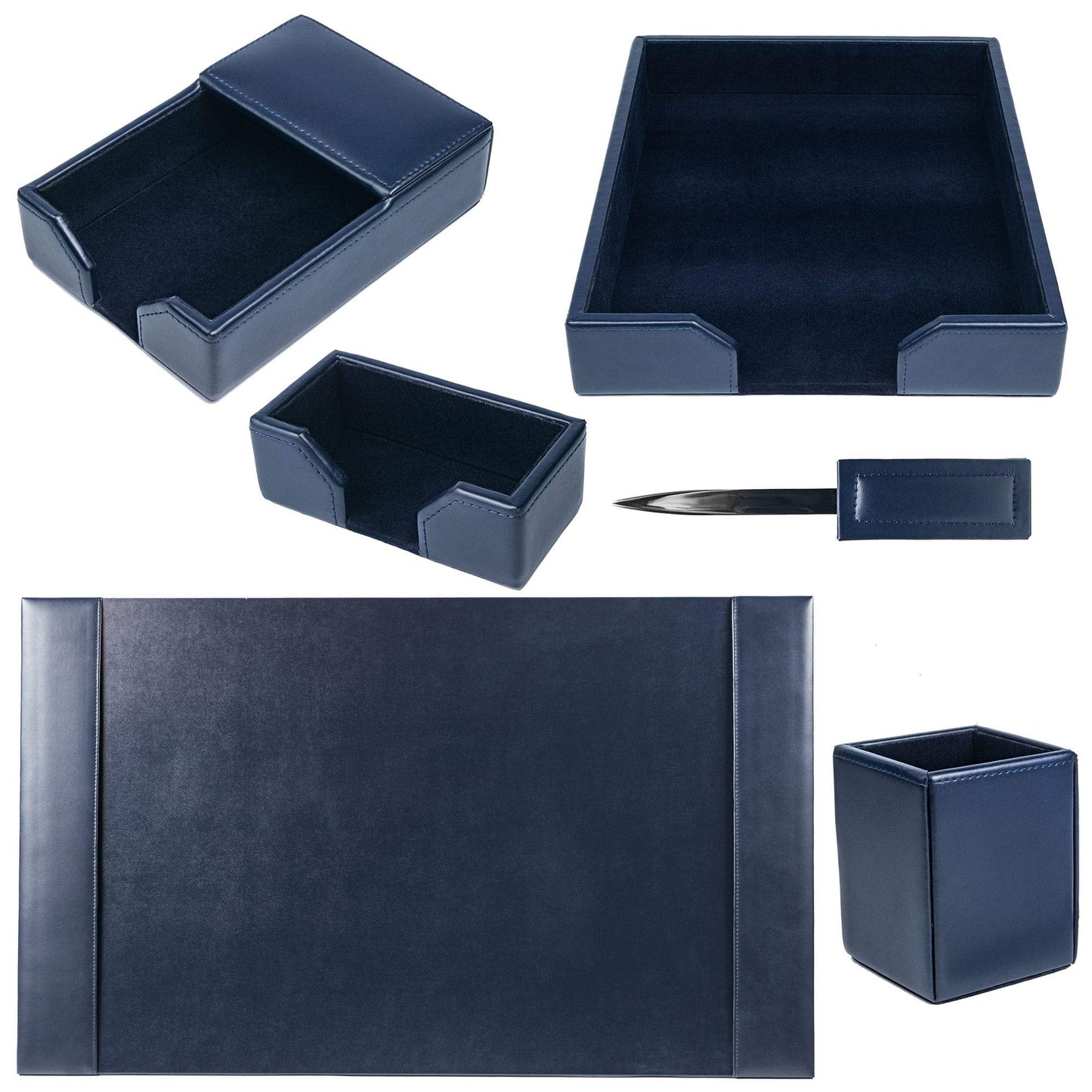 DACASSO Bonded Leather Desk Set - Luxury Leather Desk Pad & Desk Organization Essentials (Navy Blue, 6 Piece)