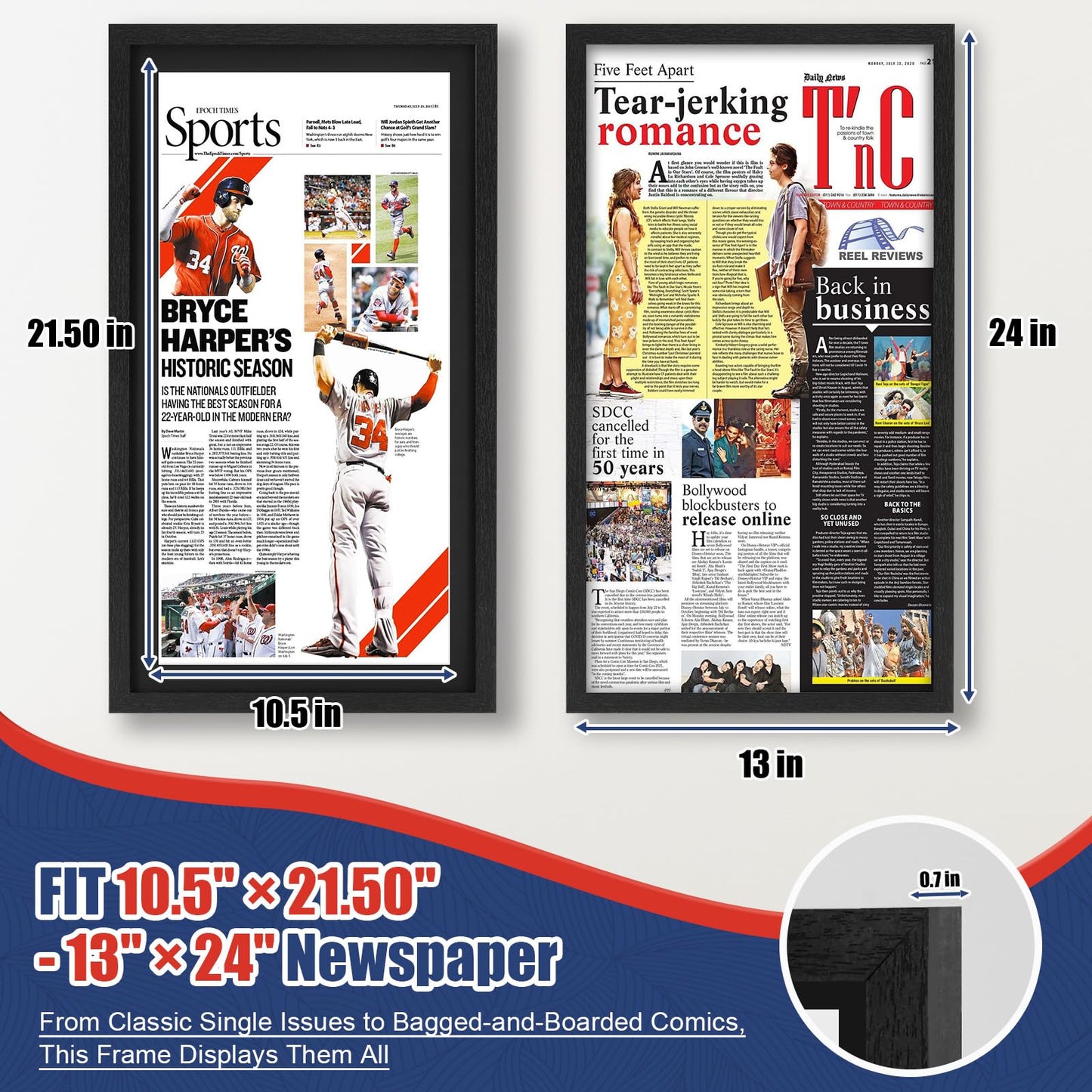 JupDec 11 × 22 Up to 13 × 24 Newspaper Frame, Premium Wood Display Case with Acrylic Panel, Wall Mount or Tabletop Stand, Perfect for Home & Office Decor, Ideal Gift for Collector, 3 Pack, Black