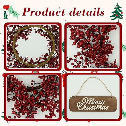YNYLCHMX 20 Inch Christmas Wreath for Front Door, Winter Wreath with Welcome Sign Red Berries, Artificial Door Xmas Wreaths for Window Wall Fireplace Farmhouse Holiday Party Decoration