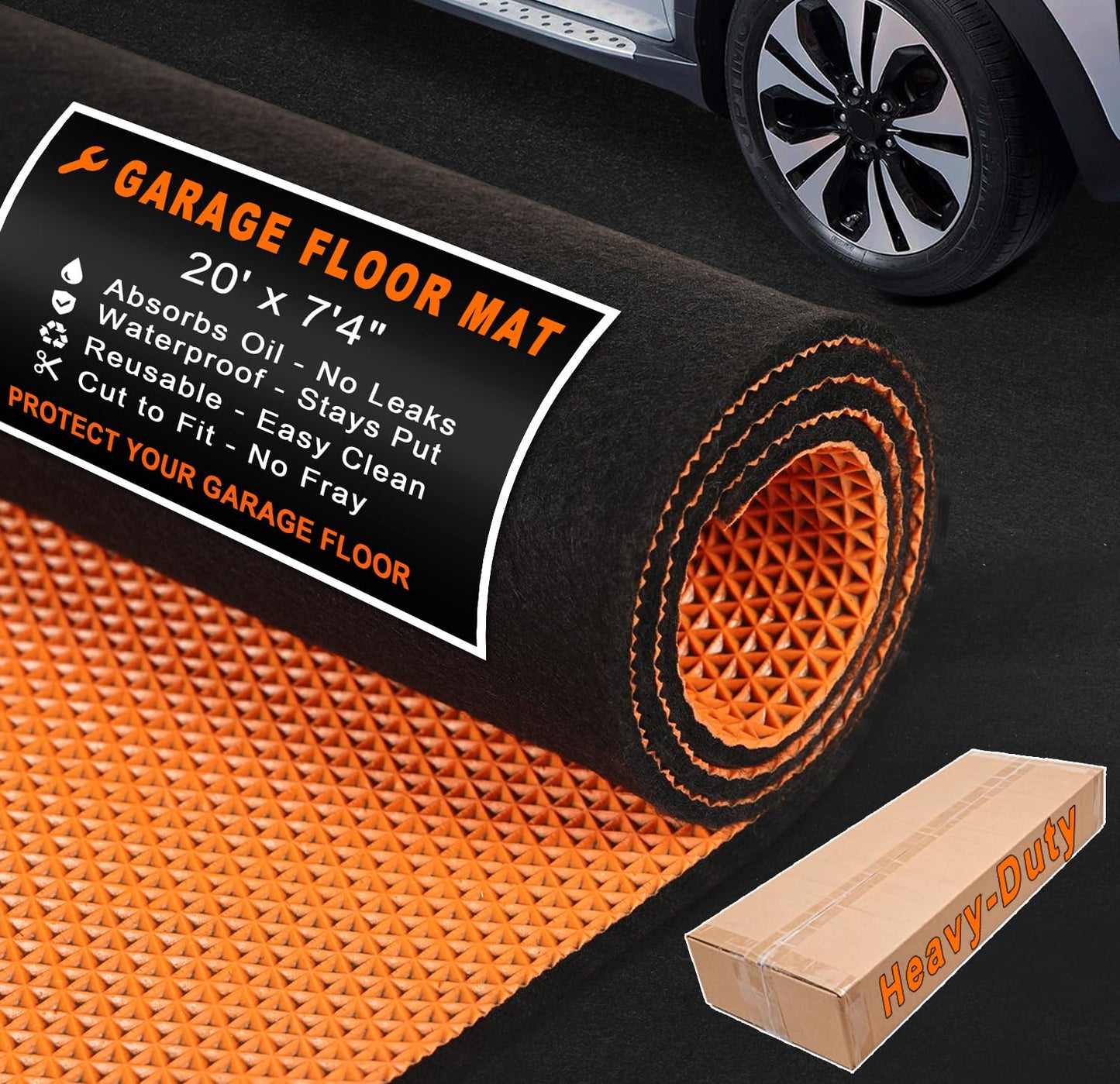 20' x 7'4" Garage Floor Mats - All-Weather Garage Floor Mats for Under Car, Absorbent Oil Spill Mat, Anti-Slip Garage Carpet, Reusable Garage Mats with Waterproof Backing, Garage Car Mat & Floor Rug