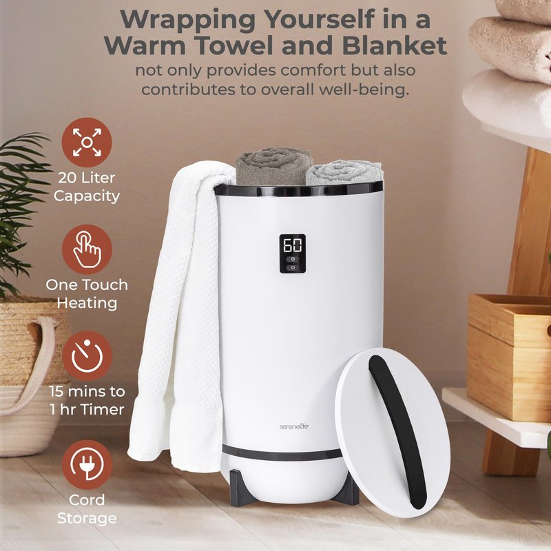 SereneLife Towel Warmer Bucket Style – Portable Blanket Heater for Spa and Bathroom, Large Capacity, Customizable Fragrance, Auto Shut-Off, Fits 2 Large Towels or Blankets, One-Touch Control, Black