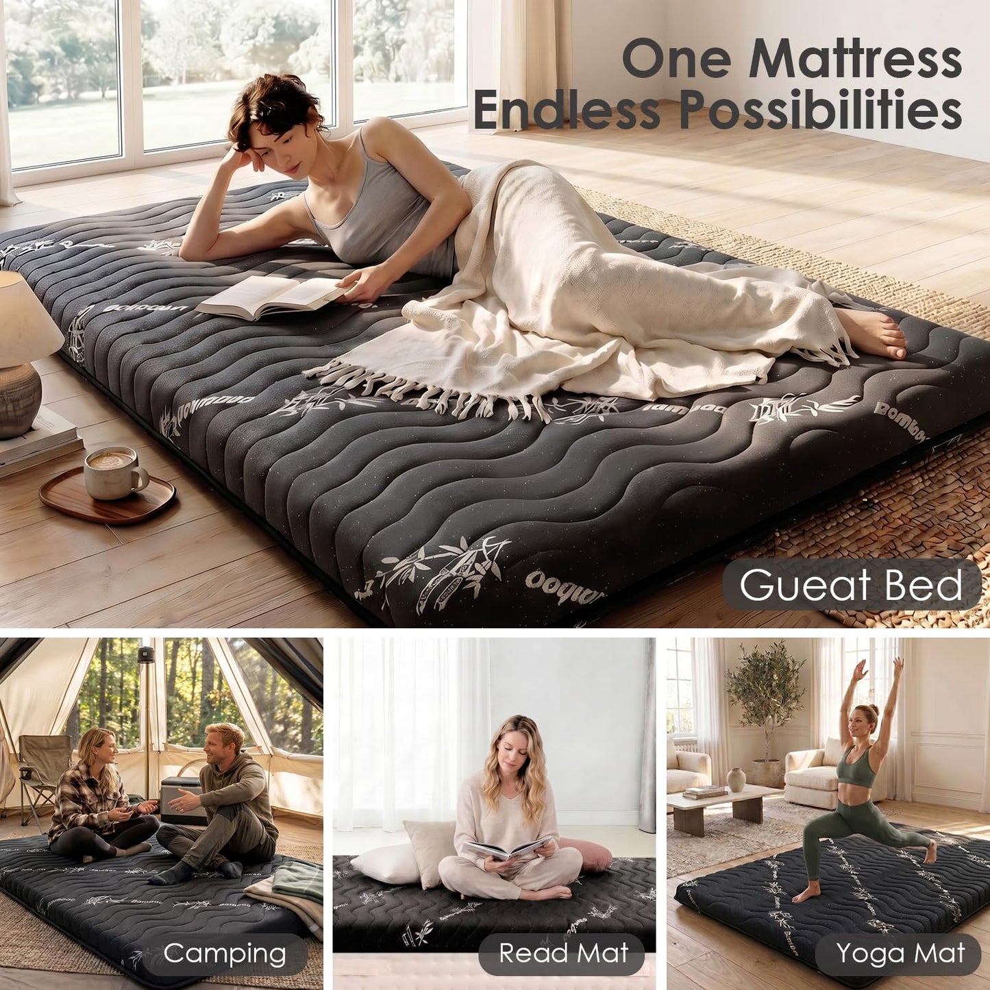 Japanese Floor Mattress Viscose Derived from Bamboo, 100% High Density Foam, 3.5" Thicken Cooling Foldable Futon Mattress Tatami Mat, Roll Up Floor Bed for Guest Room Bedroom RV, Black, Twin