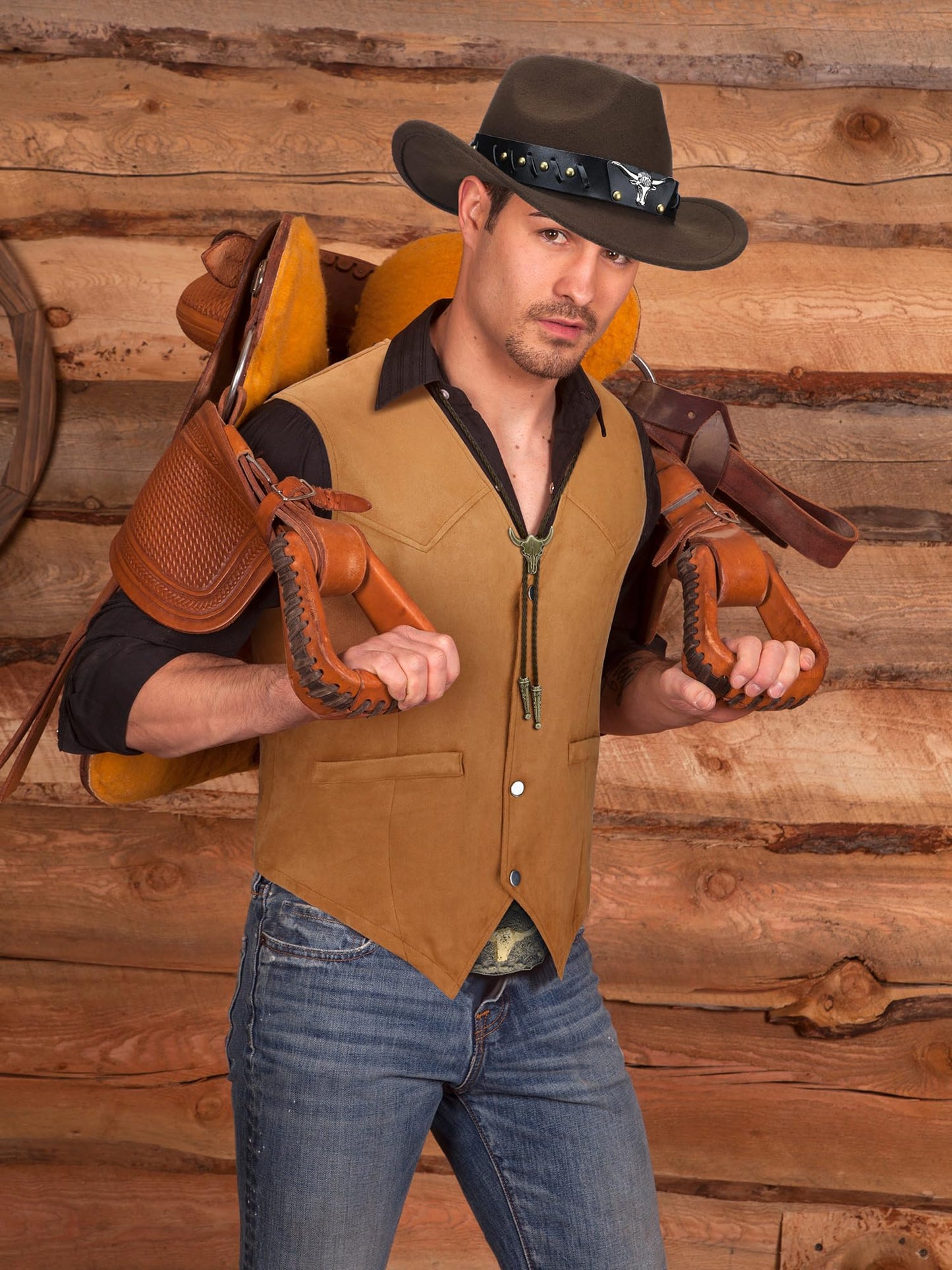 Cutecrop 4 Pcs Western Cowboy Outfits for Men Suede Leather Vest Hat Bolo Tie Belt for Western Halloween Cosplay(Medium,Brown)