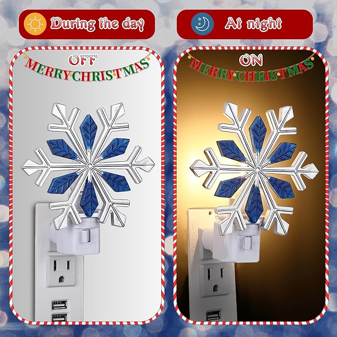 Christmas Decoration Snowflake Night Light Plug in, 120V C7 LED Xmas Wall Plugin Nightlights, Christmas Night Light Decor for Bedroom Bathroom Kitchen Hallway Stairs