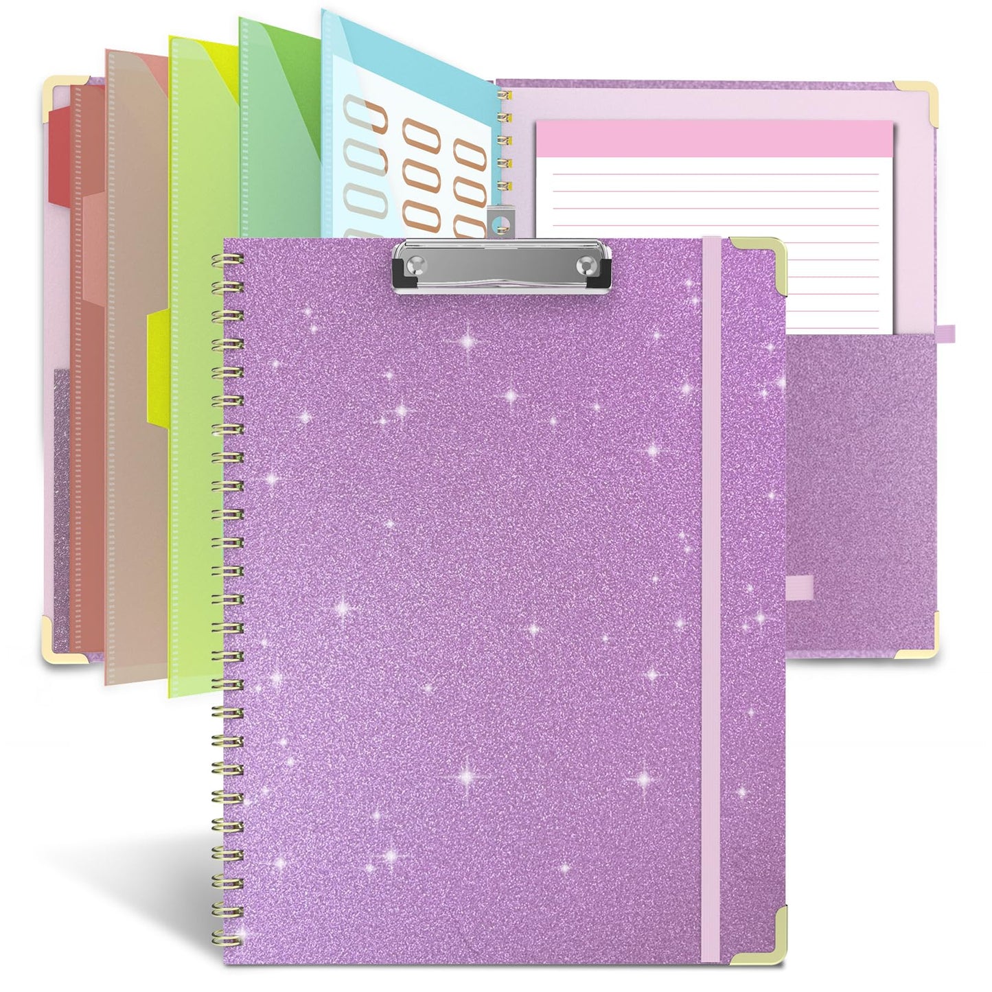 Clipboard Folio with Storage Clipboards Padfolio Notebook for Letter Size (11" x 8.5"), Clipboards with 10 Pockets and 5 Folders Nursing Teacher School Essentials (Purple)