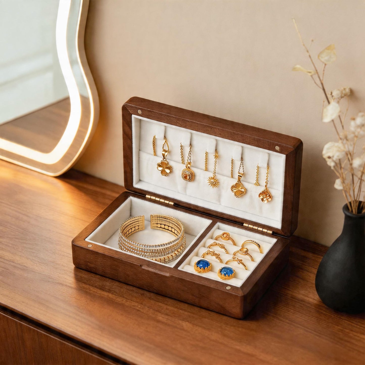 Hapkumn Black Walnut Solid Wooden Jewelry Box, Small Portable Travel Jewelry Organizer Storage Case, Wood Jewelry Holder for Necklace Ring Earrings Bracelet Watch, Gift for Women, Mom, Girls.