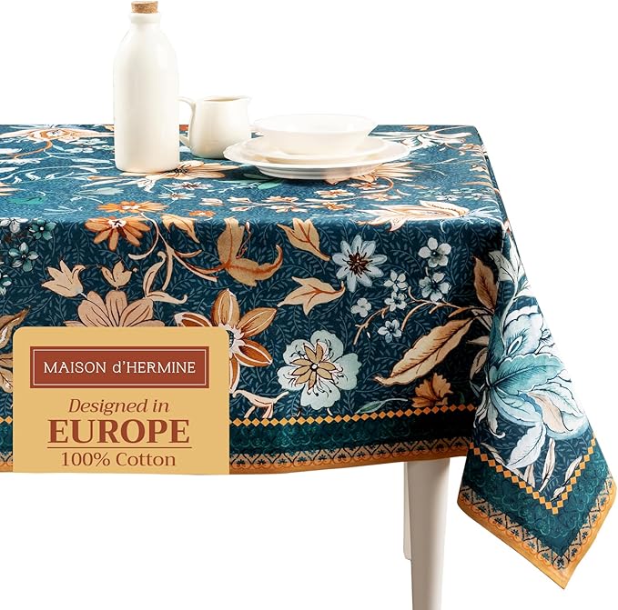 Maison d' Hermine Table Cloth Rectangle Table 100% Cotton 54 x 72 Inches Fall Tablecloth Reusable Everyday Use for Thanksgiving Christmas Decorations Dining Farmhouse Party (Luxury Loft - Dark Teal)