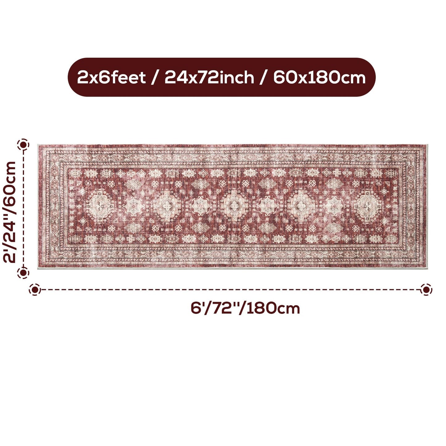 Nestiva 2x6 Runner Rug Non Slip Washable Carpet with Rubber Backing Soft Floral Boho Runner for Hallways, Kitchen, Laundry, Bedroom, Burgundy
