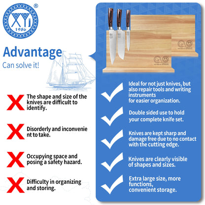 XYJ Authentic Since 1986, Magnetic Knife Block, Double Side Kitchen Knife Stand, Acacia Wood, Magnetic Knife Holder with Strong Enhanced Magnets,Knives Storage Rack Stand for Home Kitchen