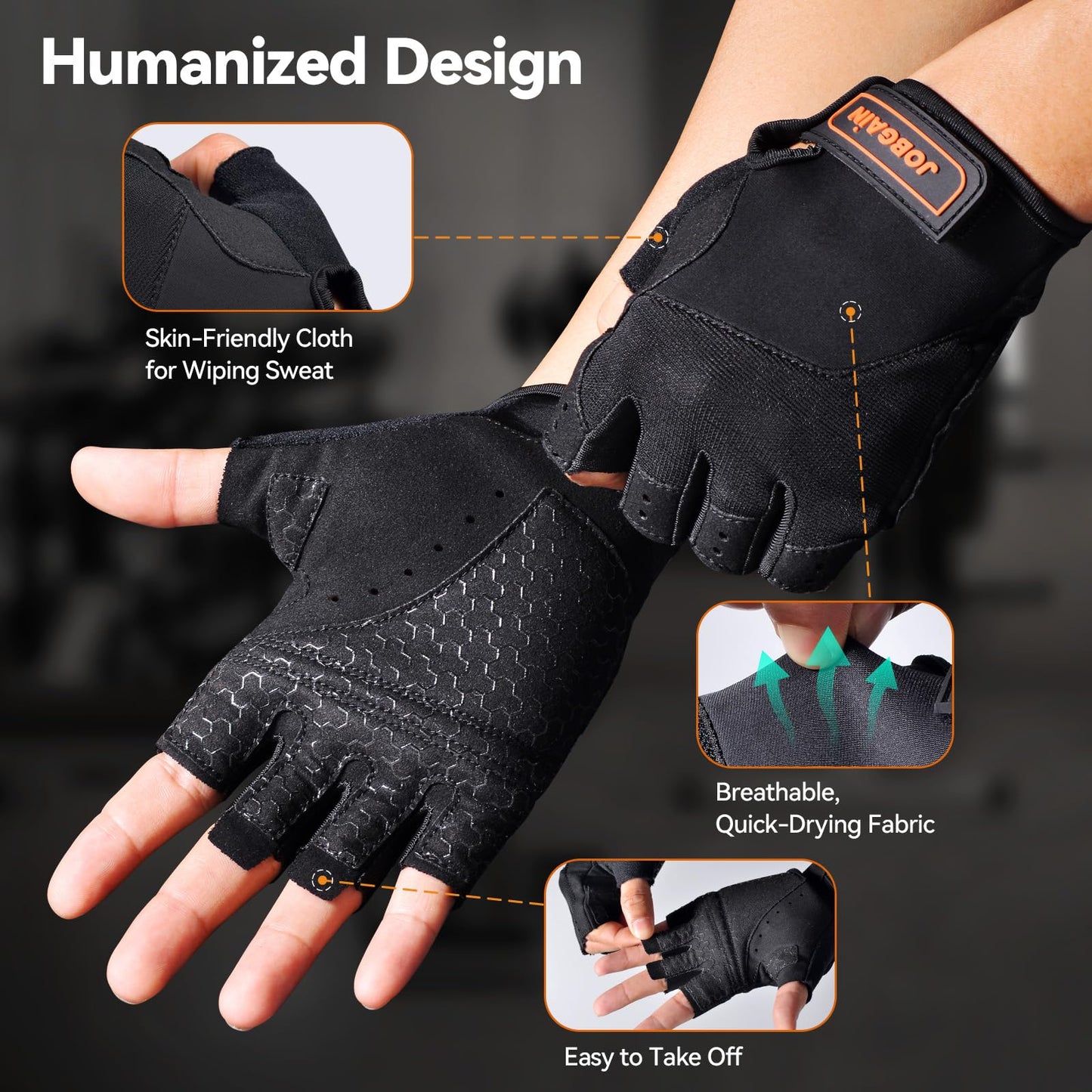 JOBGAIN Workout Gloves for Women and Men, Breathable Weight Lifting Gloves, Grip & Shock Absorption, Full Palm Protection, for Gym Exercise, Fitness, Training & Cycling, Black, Size S
