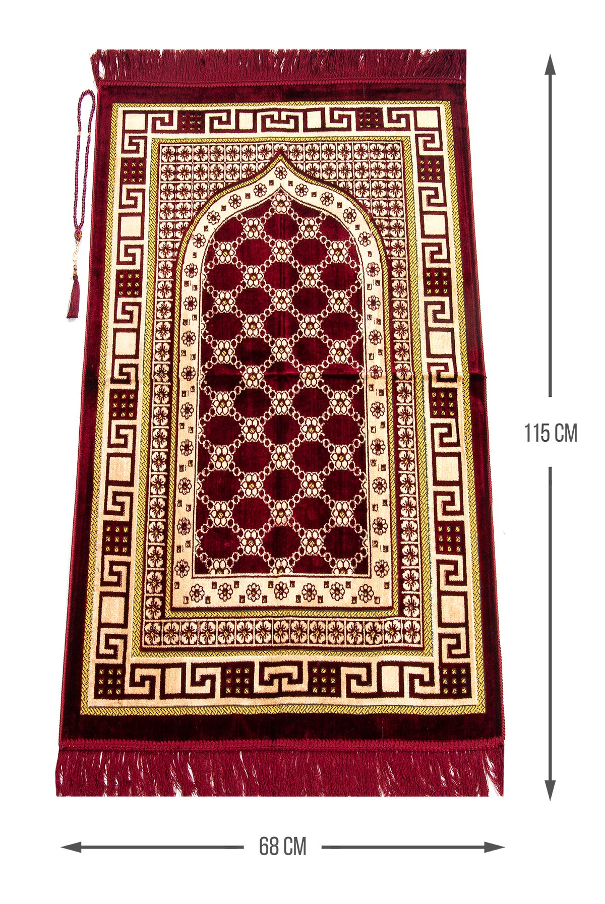 ihvan online Luxury Velvet Muslim Prayer Rug with Prayer Beads, Janamaz, Thick Soft Sajadah, Islamic Gift, Portable Prayer Carpet Mat, Velvet Fabric, Red