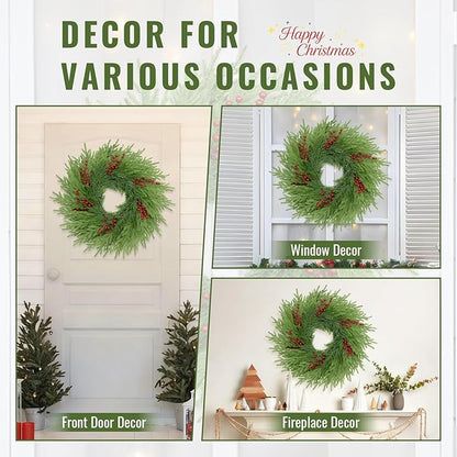 26 Inch Pine Wreath - Christmas Wreaths for Front Door - Real Touch Pine Wreath - Large Artificial Green Wreaths for Walls Windows Porches Farmhouse Indoor Outdoor Home Decor with Red Berries