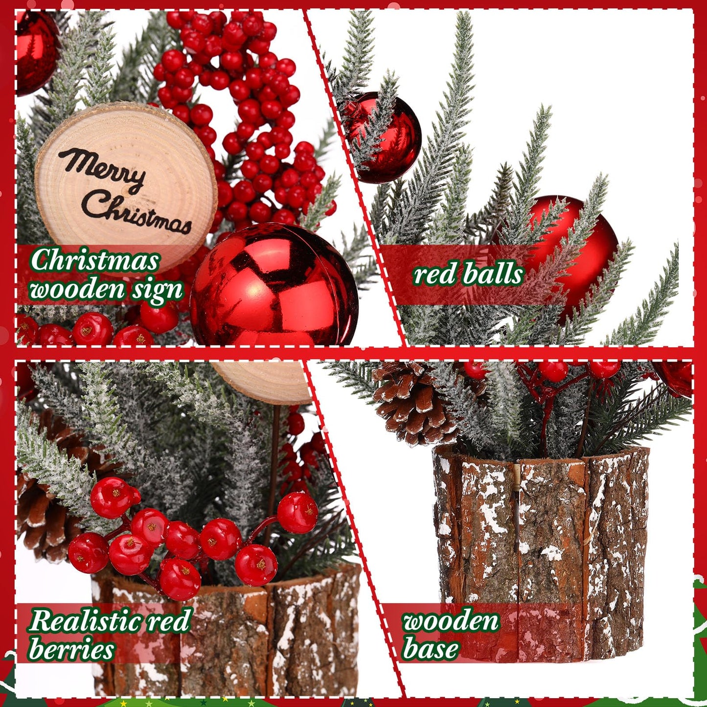 Zhehao Mini Tabletop Christmas Tree 12'' Small Artificial Christmas Tree Centerpiece Wooden Potted Plant with Red Ball Berry Pine Cone Merry Christmas Decor for Christmas Winter Shelf Table Home