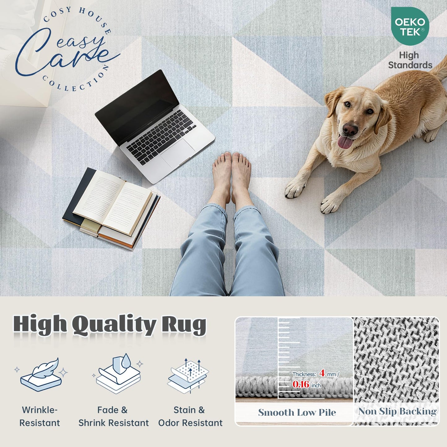 Washable Rug 6x9 Area Rugs: Modern Geometric Area Rug for Living Room Non-Slip Neutral Soft Carpet Low Pile Stain Resistant Indoor Rugs for Bedroom Nursery Dining Room Office (Light Blue, 6'X9')