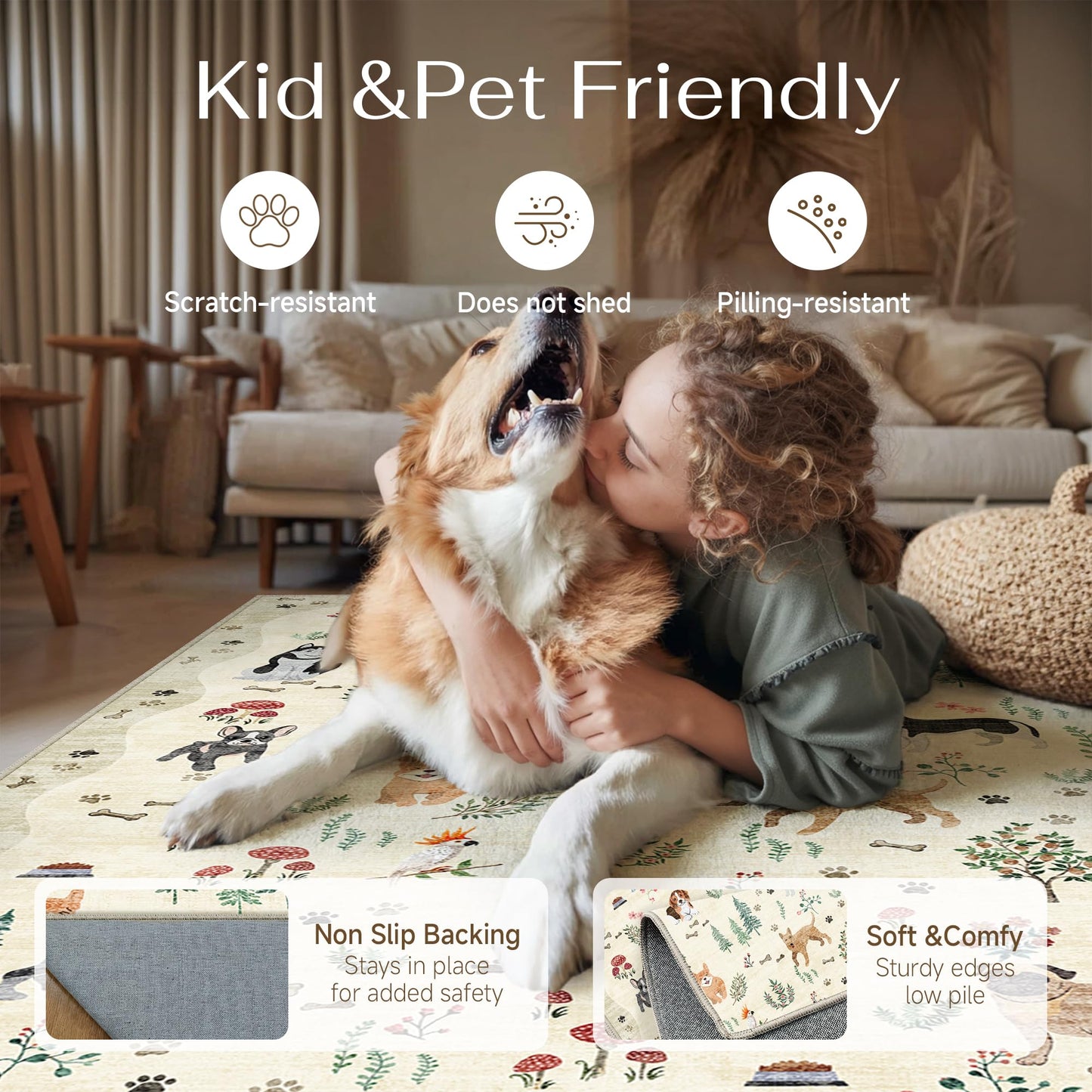 PureCozy 4x6 Entryway Area Rug Washable Floral Animal Office Carpet Non Slip Low Pile Stain Resistant Door Mat Soft Beige Dog Printed Throw Floor Cover for Kitchen Bedroom Living Dining Room