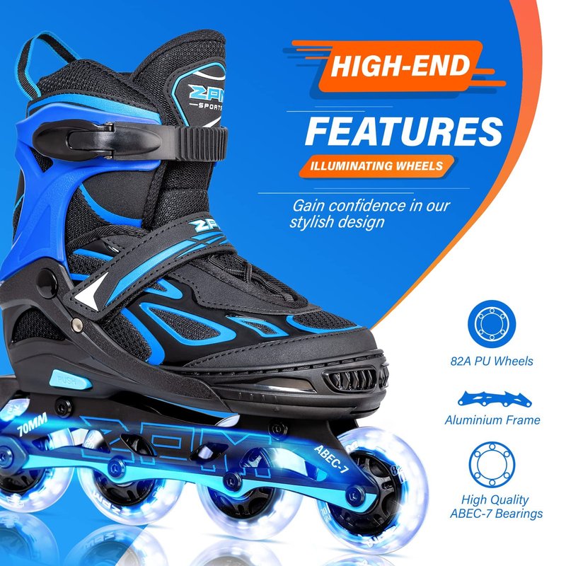 2PM Sports Vinal Boys and Girls Adjustable Flashing Inline Skates, All Wheels Light Up, Fun Illuminating Skates for Kids and Men- Azure Medium(1Y-4Y US)