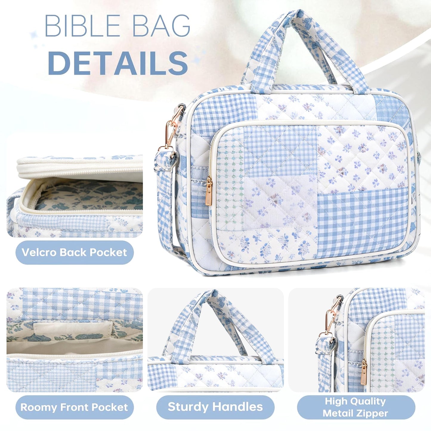 Bible Cover Case for Women Bible Study Supplies Christian Gifts for Women Church Camp Essentials Christian Bible Journaling Kit Quilted Large Bible Cover (Spliced Blue Flower, Large)