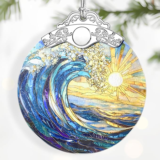 Sea Wave Ornament – Christmas Decoration & Christmas Ornament; Stained Glass Holiday Decoration (Holiday Present, Bauble Present, Gift Idea, Gift Exchange) | Heirloom Keepsakes