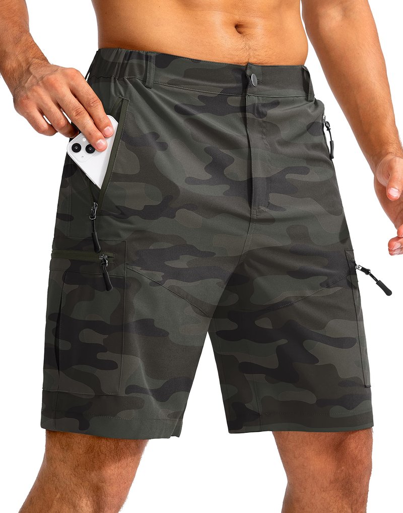 Pudolla Men's Hiking Cargo Shorts 9" Lightweight Outdoor Work Shorts for Men Travel Golf Camping Casual with 5 Zipper Pockets(Green Camo Medium)